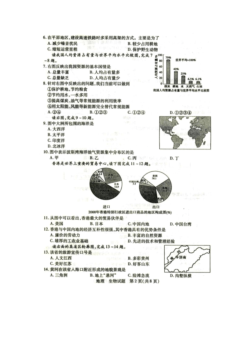 2013枣庄市初中地理、生物学业水平测试题（扫描版，无答案）