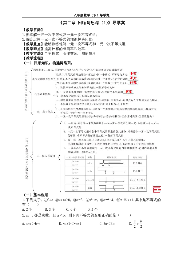 北师大版八年级下册数学第二章一元一次不等式和一元一次不等式组回顾