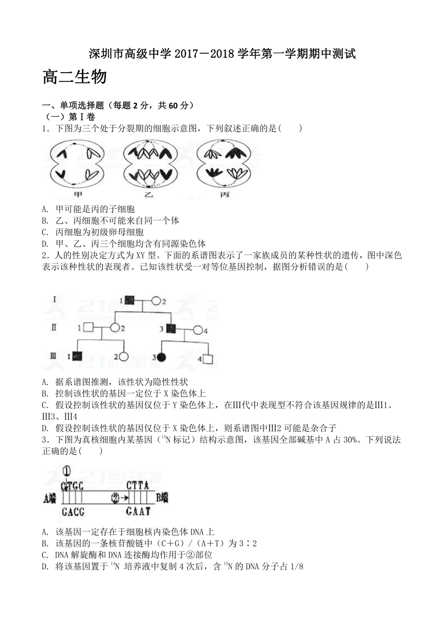 广东省深圳市高级中学2017-2018学年高二上学期期中考试 生物（含解析）