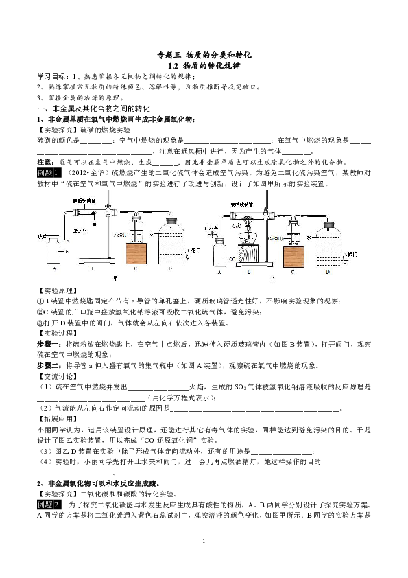 第5节 物质的转化（物质的转化规律）（无答案）