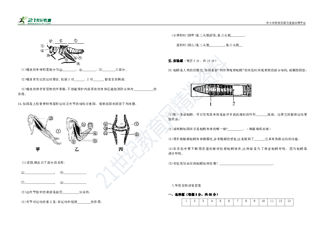 人教版八年级（上）生物期中考试（含答案）