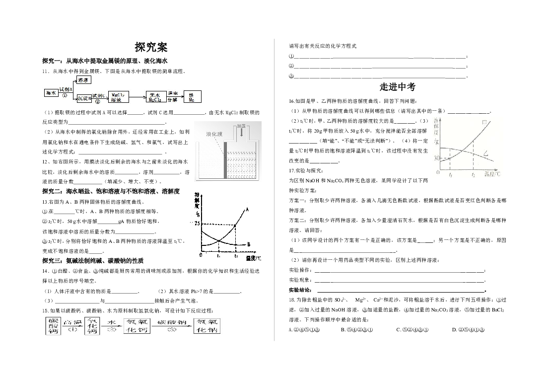 鲁教版化学 第八单元  海水中的化学 复习 学案