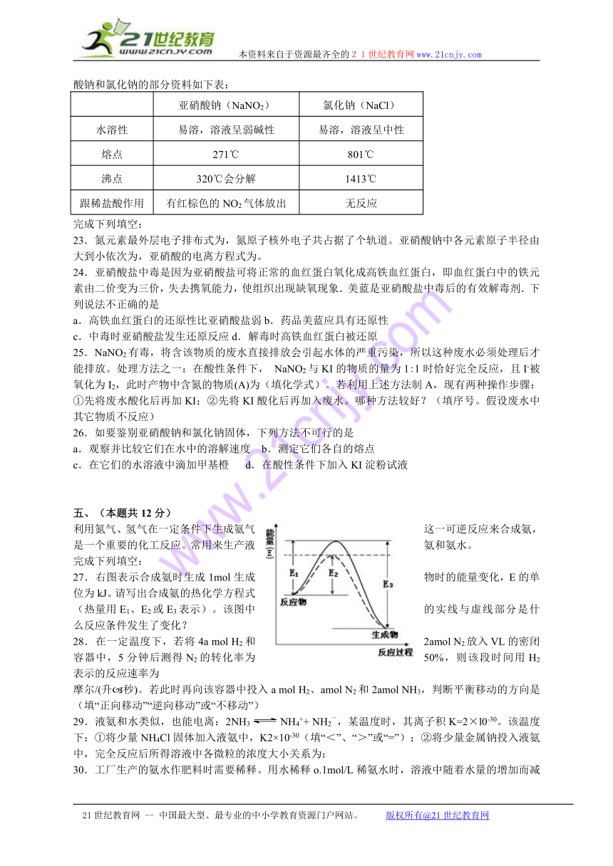 上海市六校2014届高三3月第二次联考化学试题（WORD版）