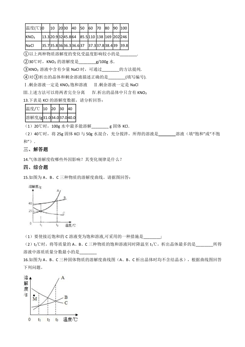 人教版（五四）九年级化学 2.2溶解度 同步练习（含解析）