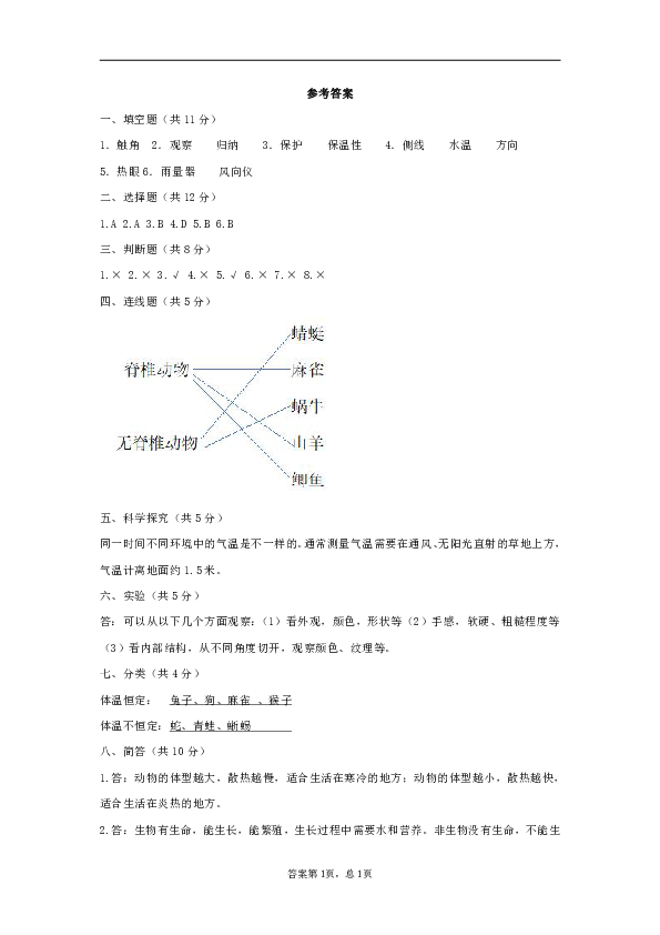 河北省石家庄市高邑县五百村学校2019-2020学年三年级下学期期末科学试题（冀人版，含答案）