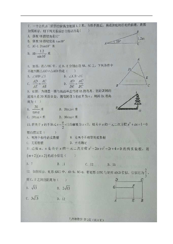 山东省高密市2018-2019学年九年级上学期期中考试数学试题（图片版，含答案）