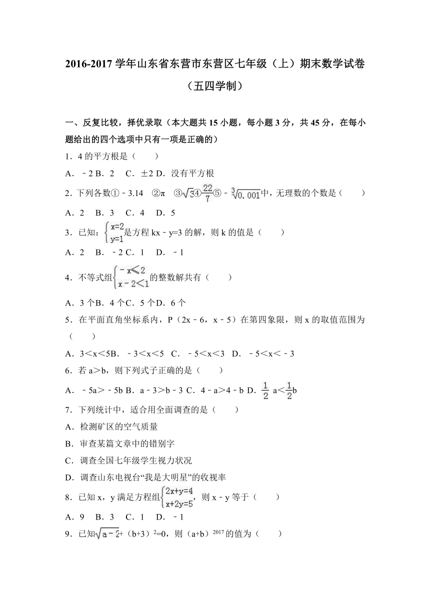 山东省东营市东营区2016-2017学年七年级（上）期末数学试卷（五四学制）（解析版）