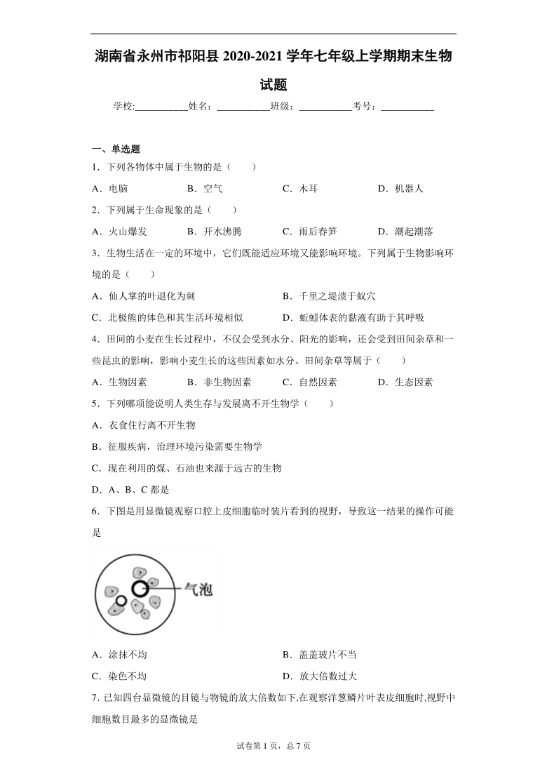 湖南省永州市祁阳县2020-2021学年七年级上学期期末生物试题（word版含解析）