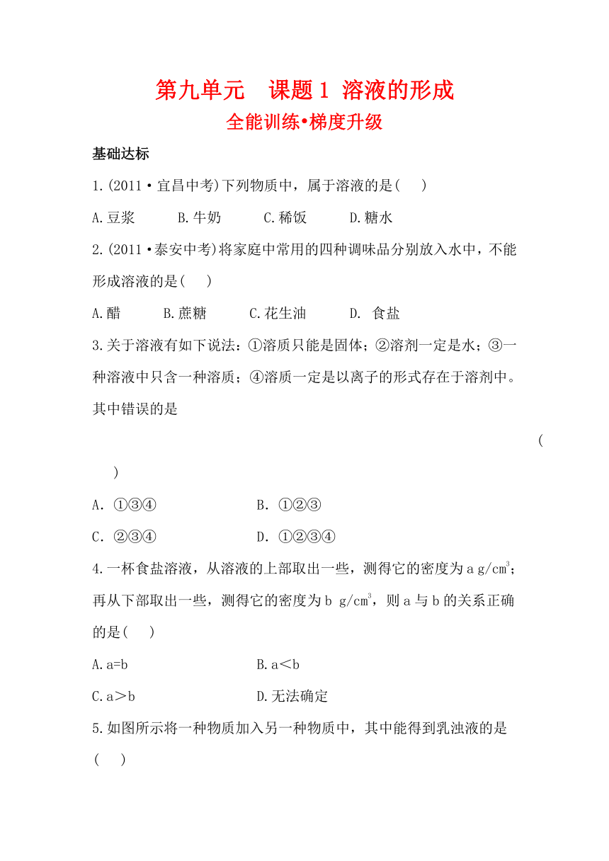 人教版九年级化学下册第九单元  课题1 溶液的形成梯度能力训练