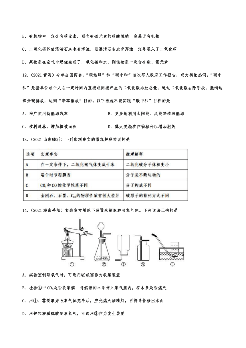 2021年中考化学真题分类练习——碳和碳的氧化物（含解析）