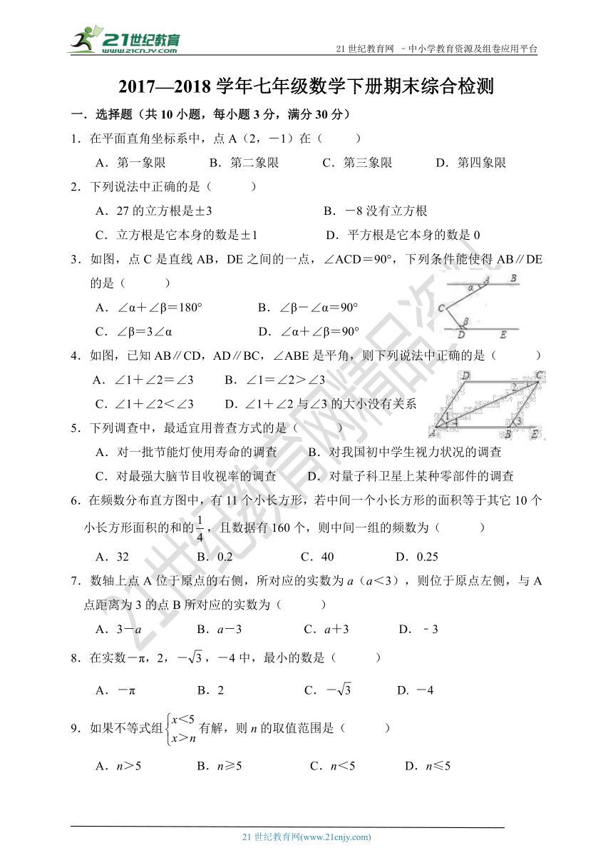 2017—2018学年七年级数学下册期末综合检测（含答案）