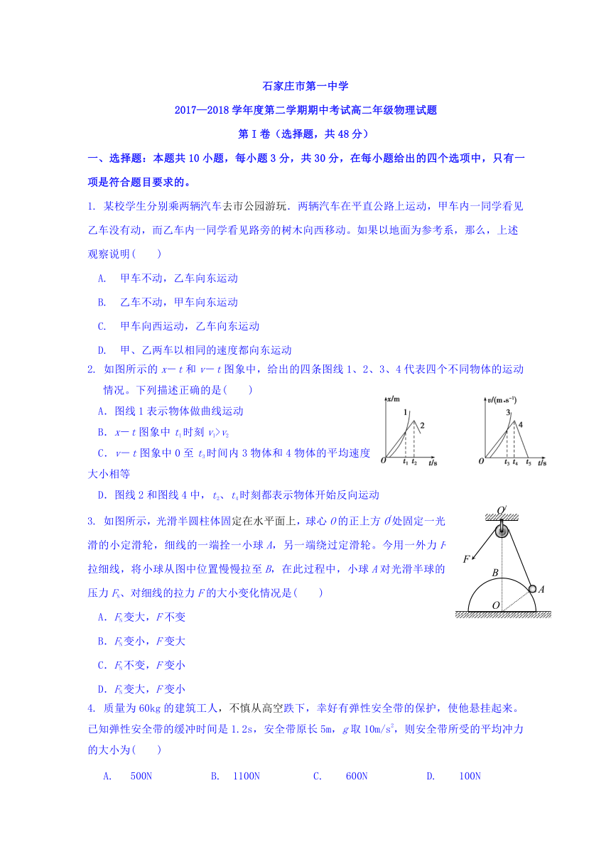 河北省石家庄市第一中学2017-2018学年学年高二下学期期中考试物理试题 Word版含答案