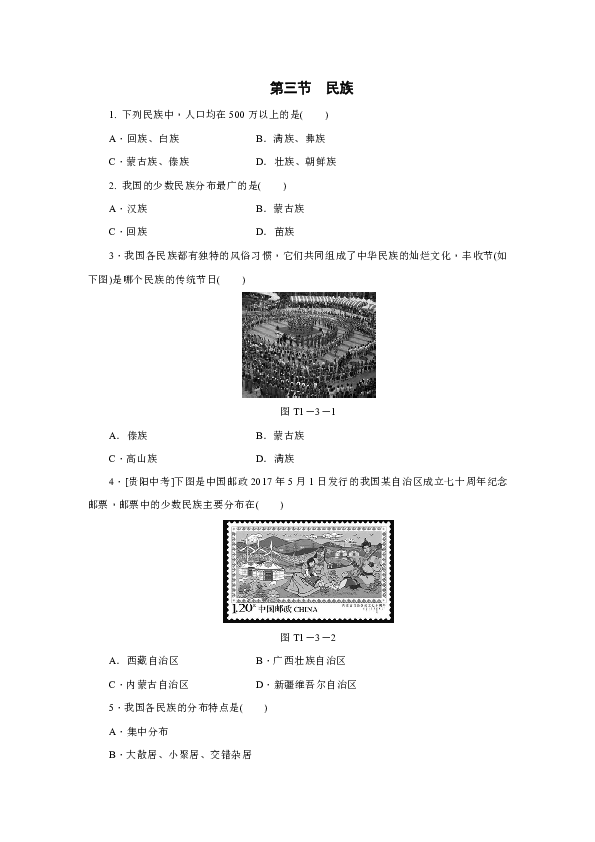 人教版（新课程标准）  八年级上册 第一章第三节　民族  练习题