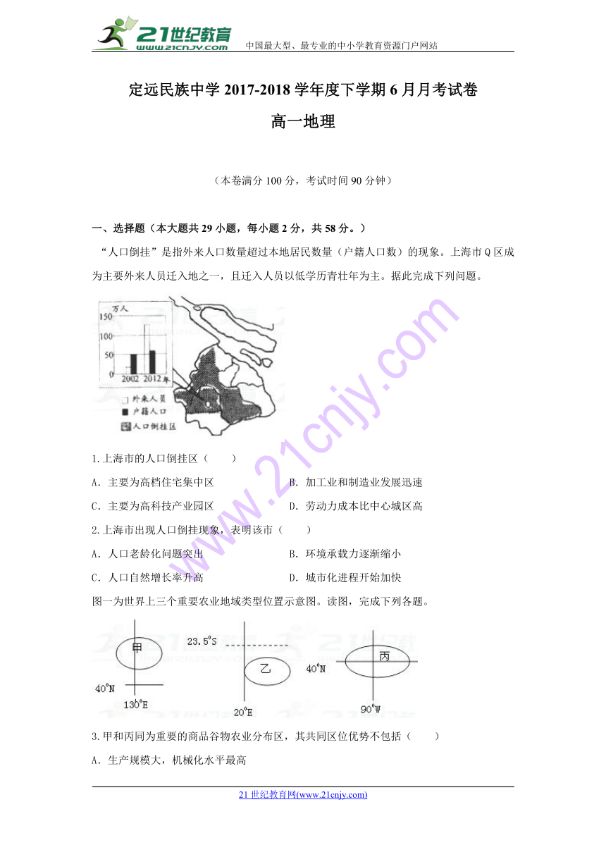 安徽省滁州市定远县民族中学2017-2018学年高一6月月考地理试题word版含答案