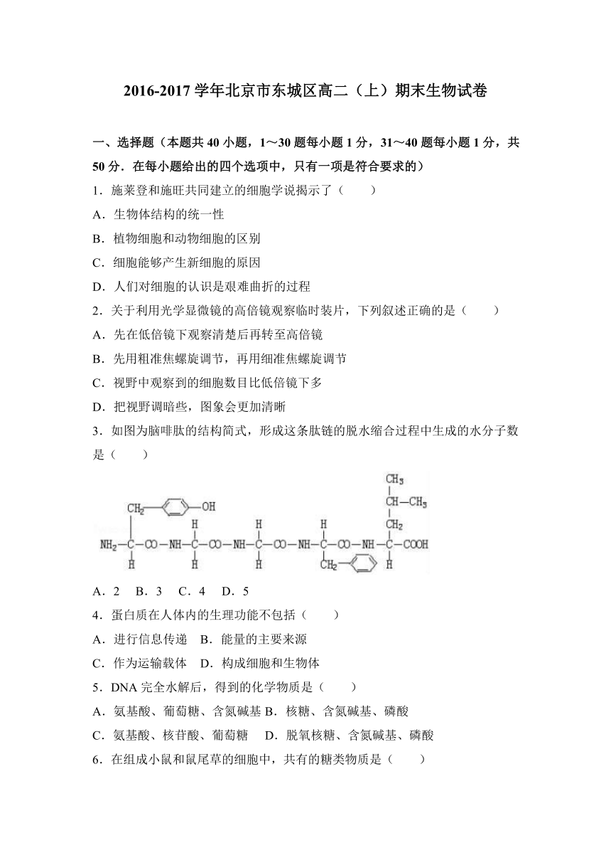 北京市东城区2016-2017学年高二（上）期末生物试卷（解析版）