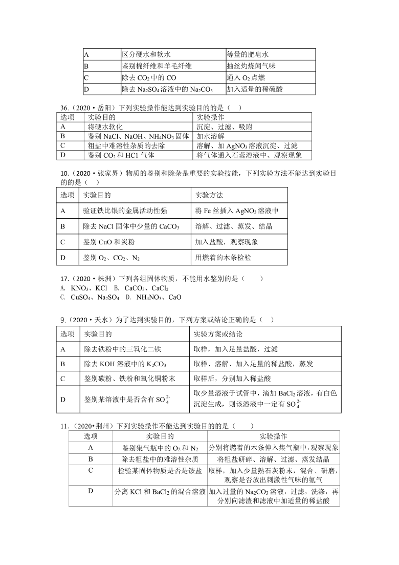 2020年中考化学试题分类汇编： 物质的共存、鉴别、鉴定、转化（解析版）