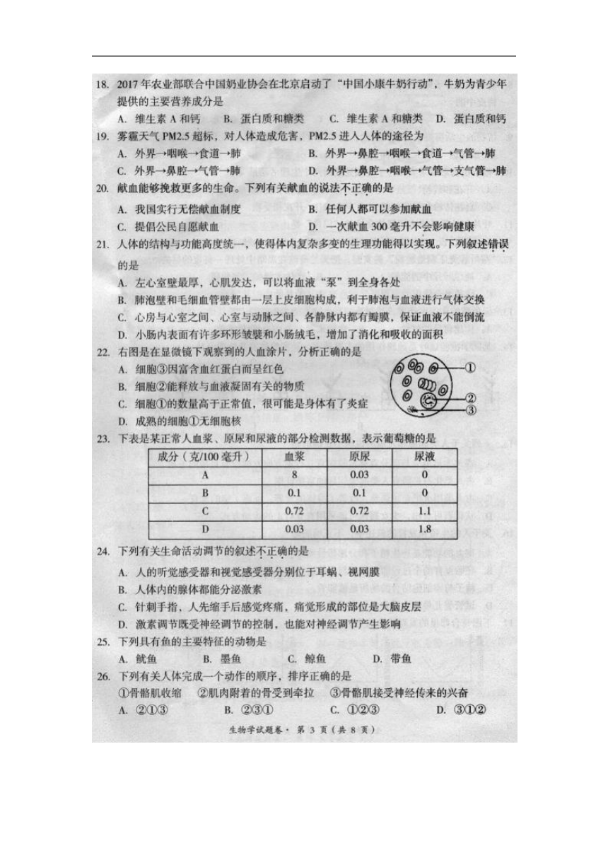 云南省昆明市十县区2018年初中学业水平模拟考试（二）生物试卷（扫描版）