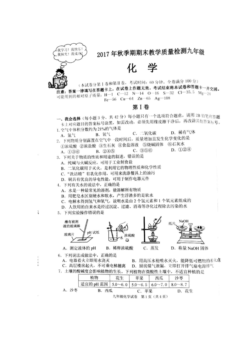 广西贵港市港南区2018届九年级上学期期末考试化学试卷（扫描版）