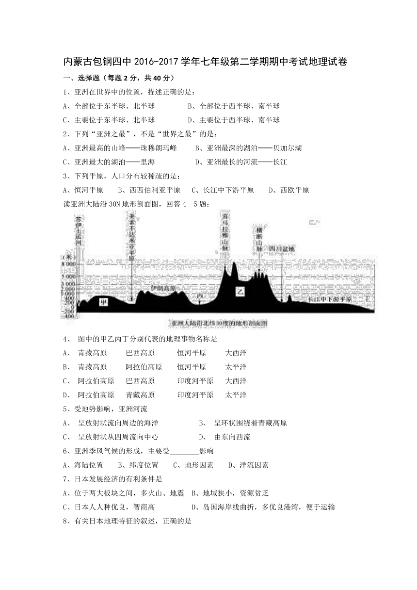 内蒙古包钢四中2016-2017学年七年级第二学期期中考试地理试卷