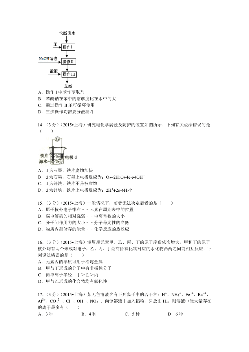 2015年上海市高考化学试卷（解析版 ）