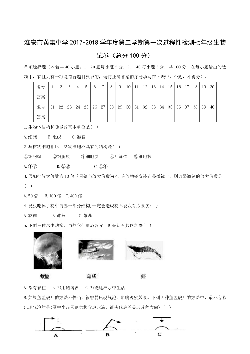 江苏省洪泽县黄集中学2017-2018学年七年级下学期第一次月考生物试题