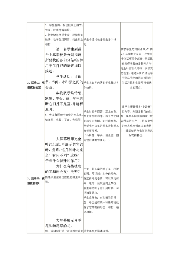 冀少版七上生物 3.1在实验室里观察植物 教案