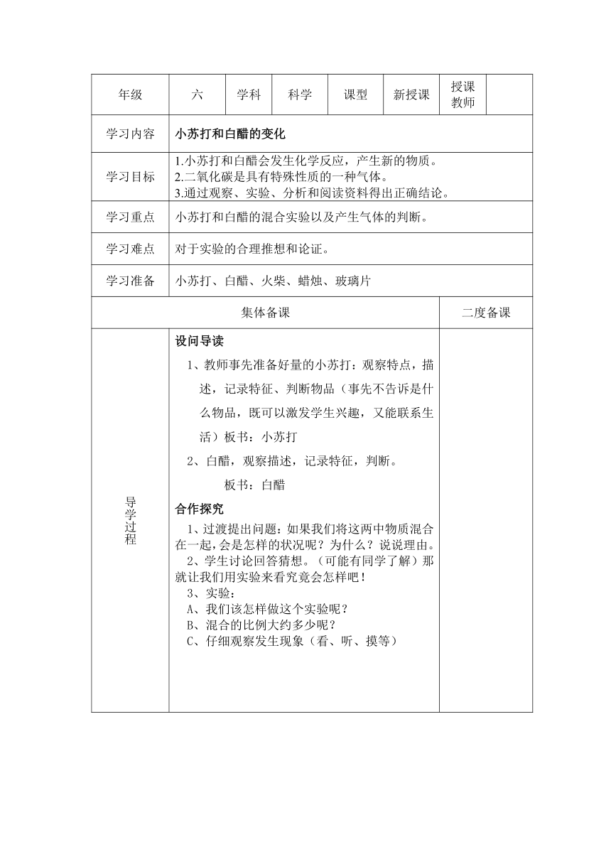 小苏打和白醋的变化 学案（表格式)