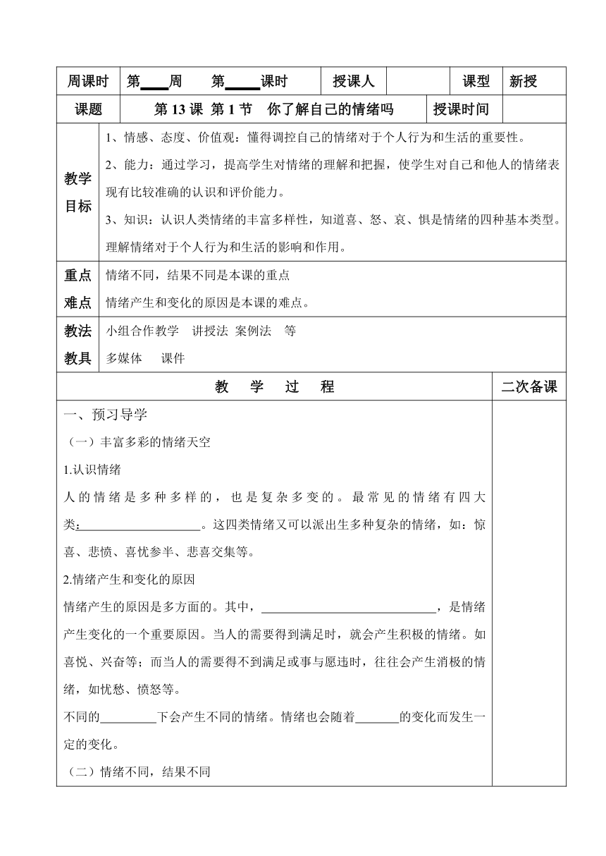 鲁人版七下13.1 你了解自己的情绪吗 导学案（无答案）