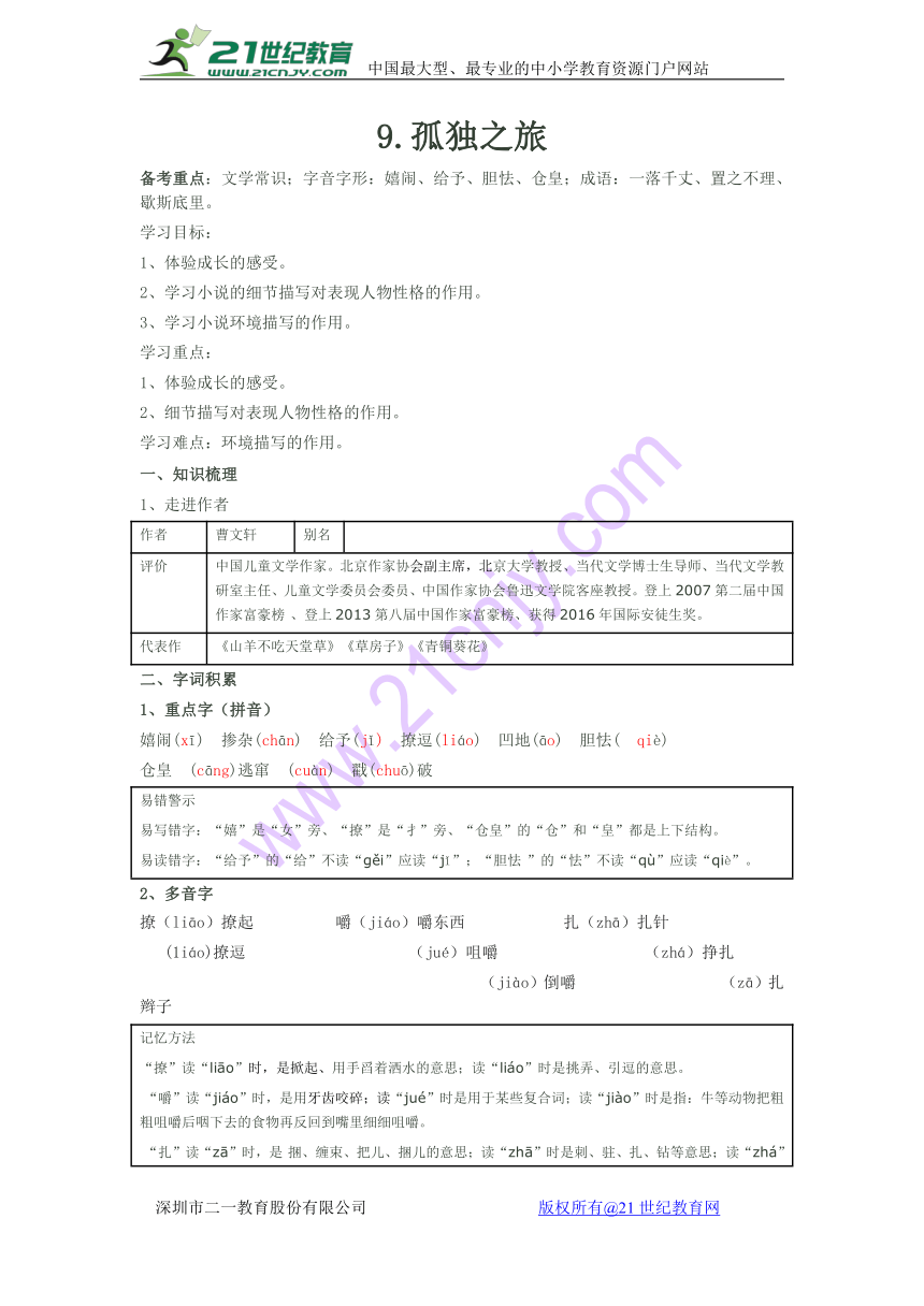 人教版九年级上册第三单元第9*课《孤独之旅》导学案（教师版）