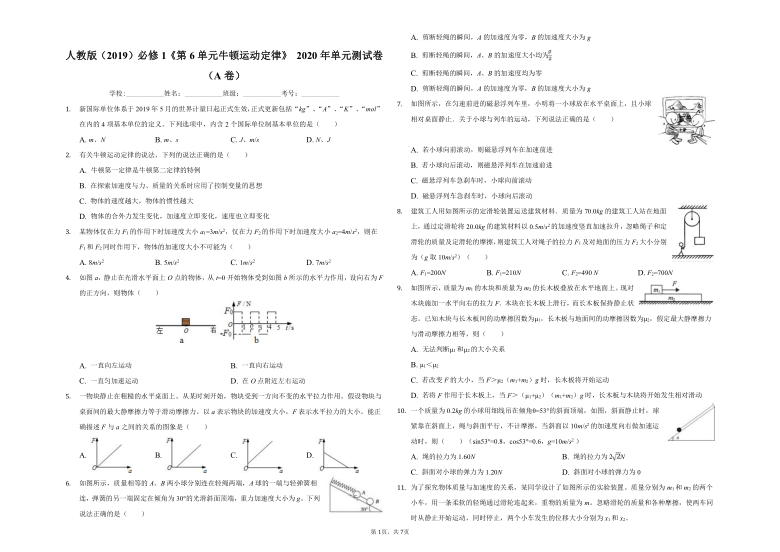 人教版（2019）必修1《第6单元 牛顿运动定律》2020年单元测试卷（A卷）