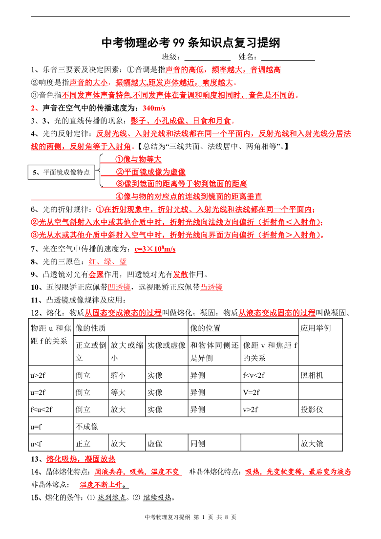 中考物理必背知识点总结复习提纲