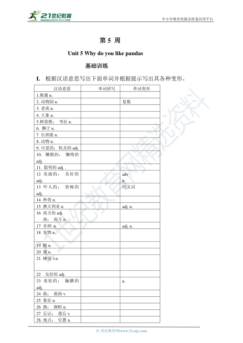 Unit 5 Why do you like pandas   单元同步训练及答案（基础+能力）