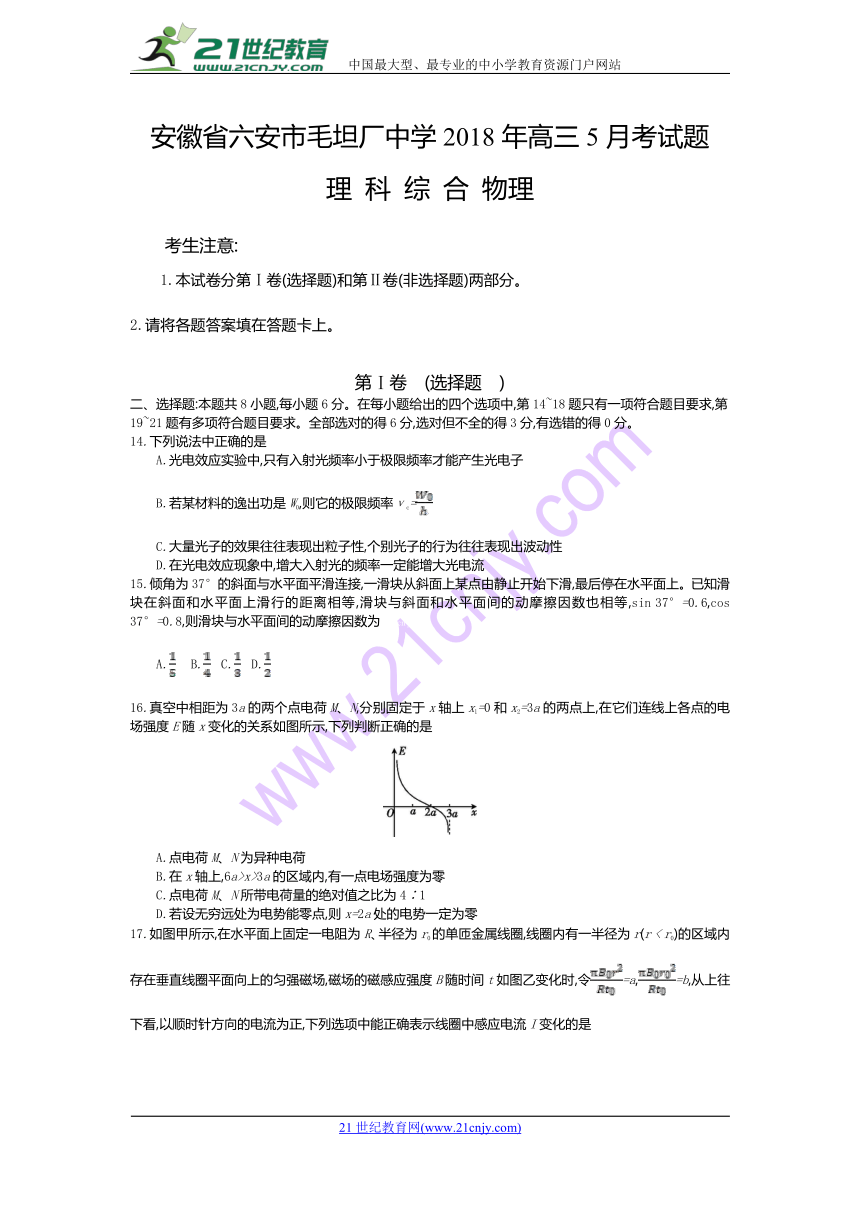 安徽省六安市毛坦厂中学2018年高三5月考试题 理综物理