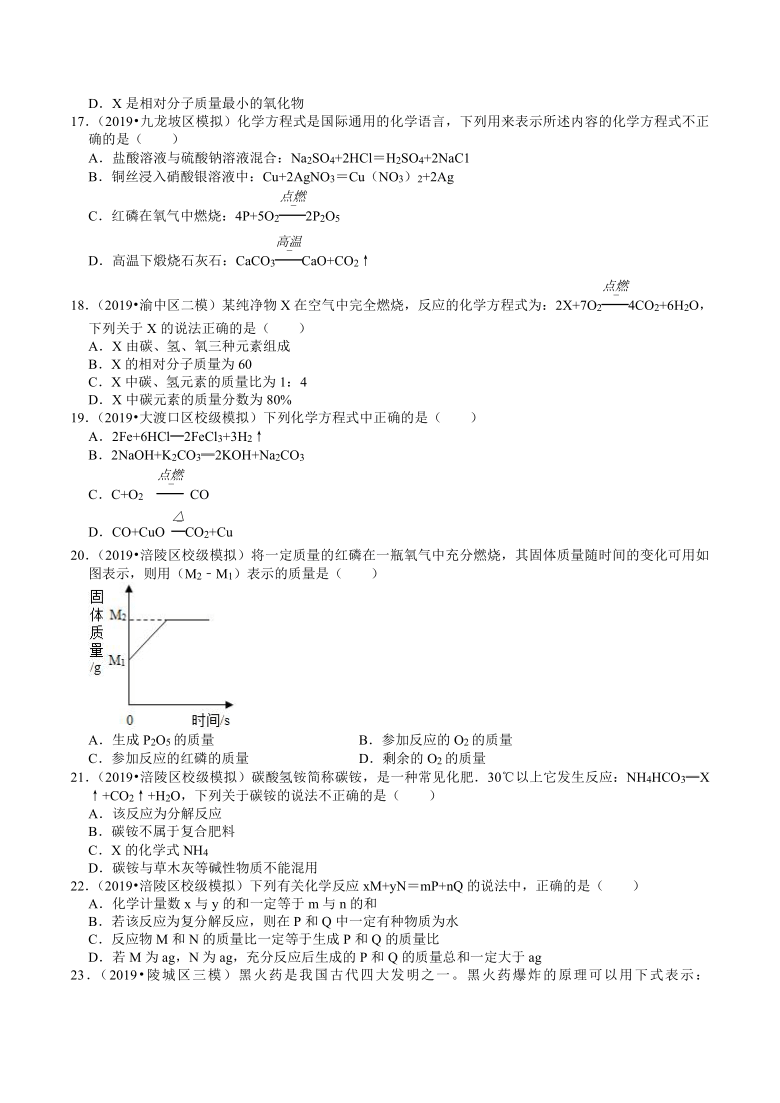 重庆中考化学复习各地区2018-2020年模拟试题分类（3）——质量守恒定律（含解析）