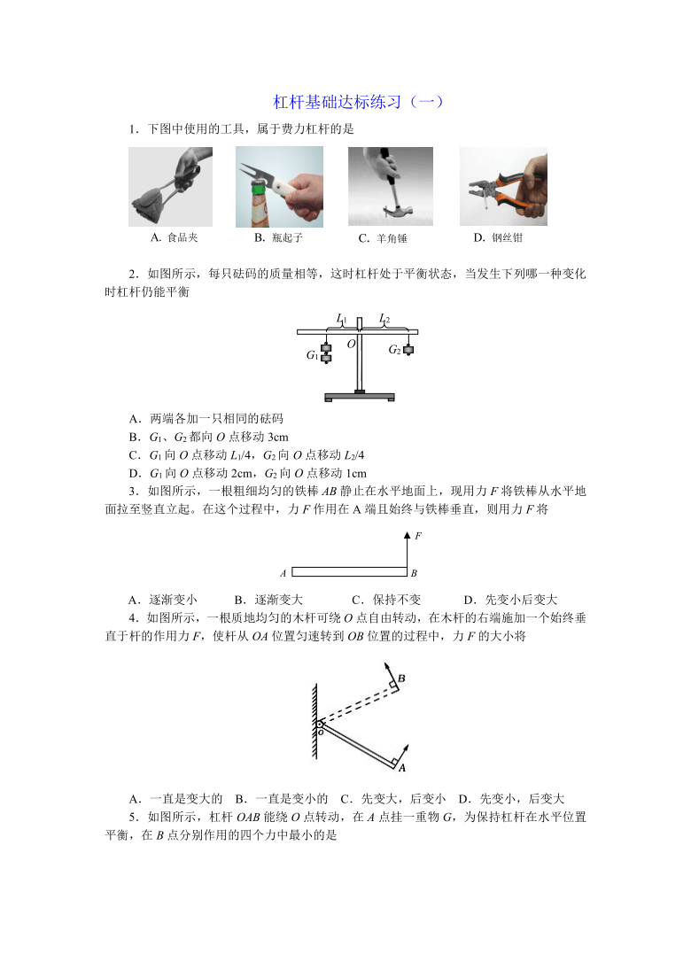 第十一章简单机械与功-杠杆基础达标练习  2021-2022学年苏科版九年级上册物理（含答案）