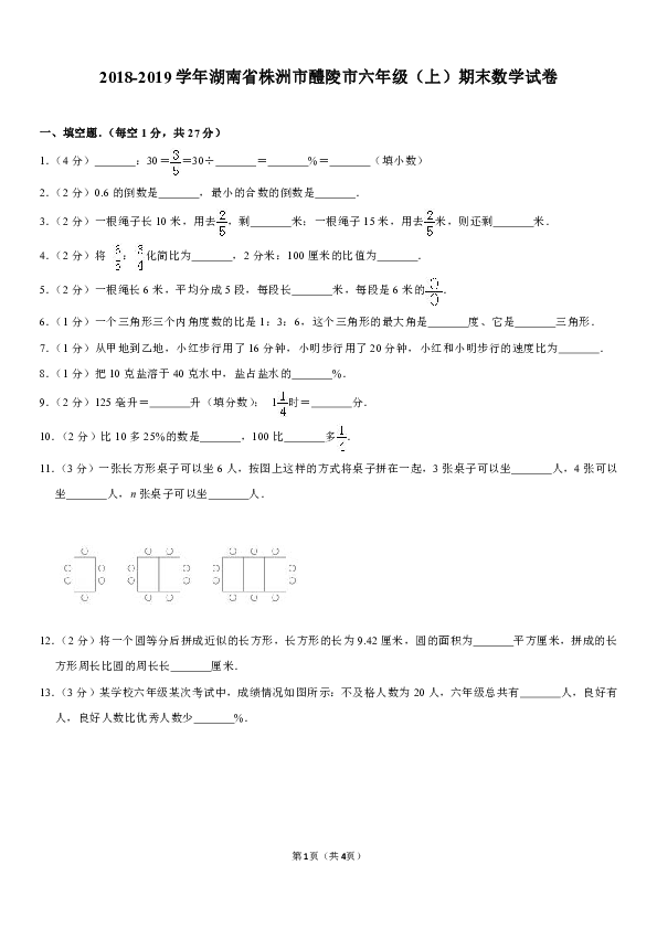 2018-2019学年湖南省株洲市醴陵市六年级（上）期末数学试卷（含答案）