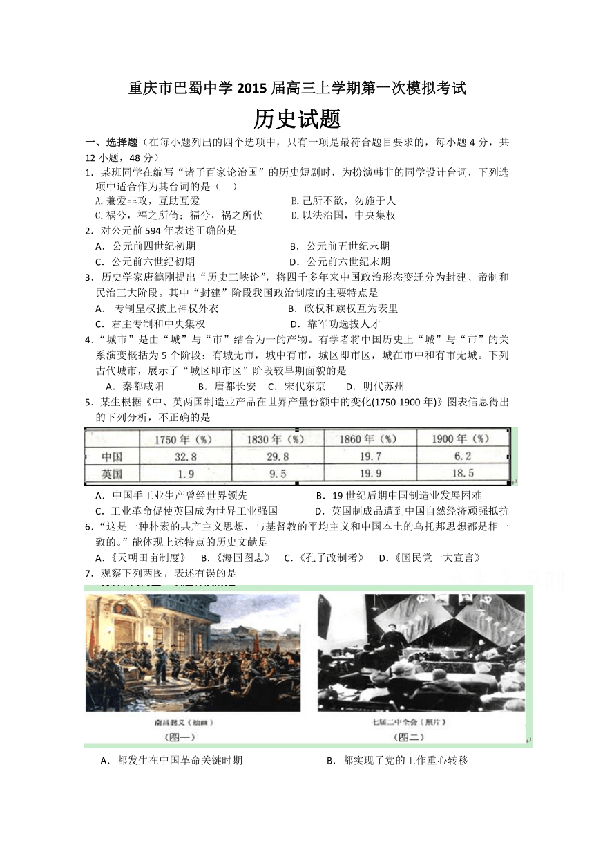 重庆市巴蜀中学2015届高三上学期第一次模拟考试历史试题 Word版含答案