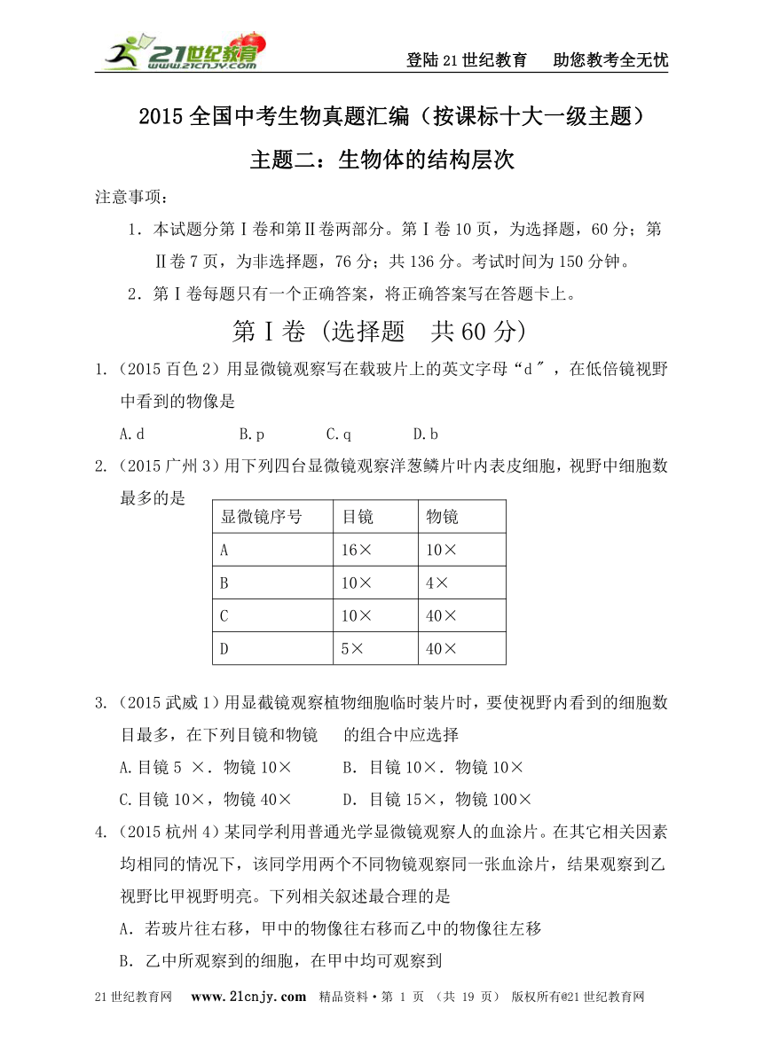 2015全国中考生物真题汇编主题二：生物体的结构层次