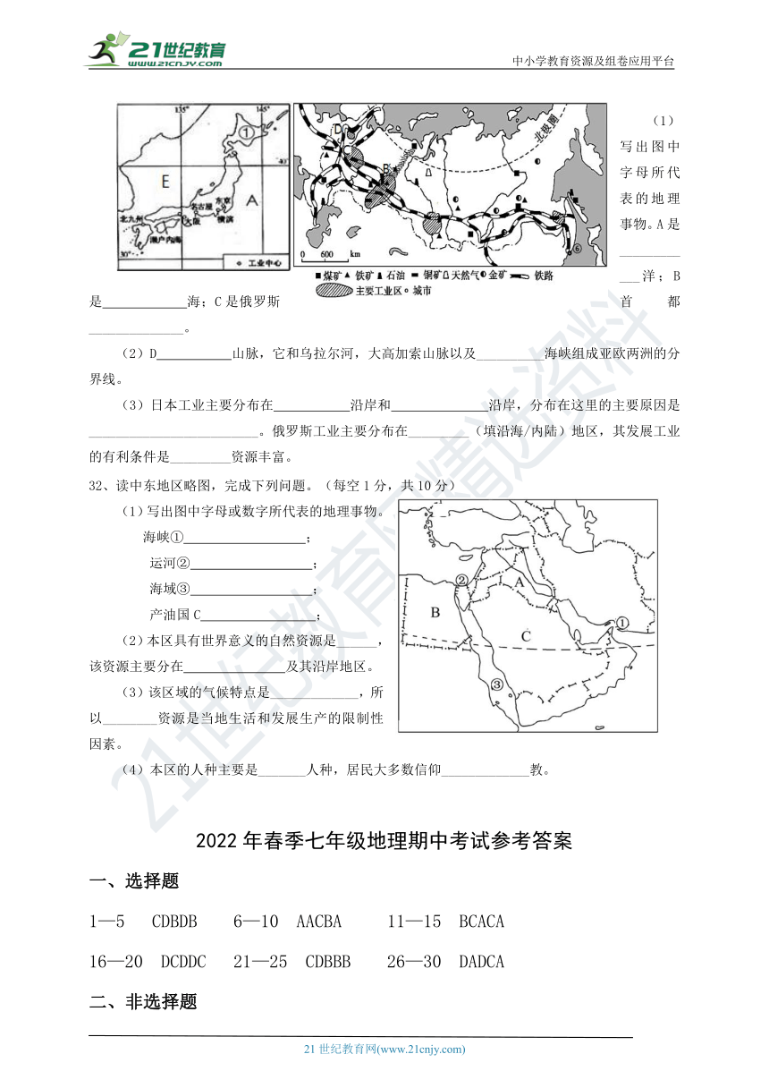 2022年春季期中考试七年级地理试题及参考答案