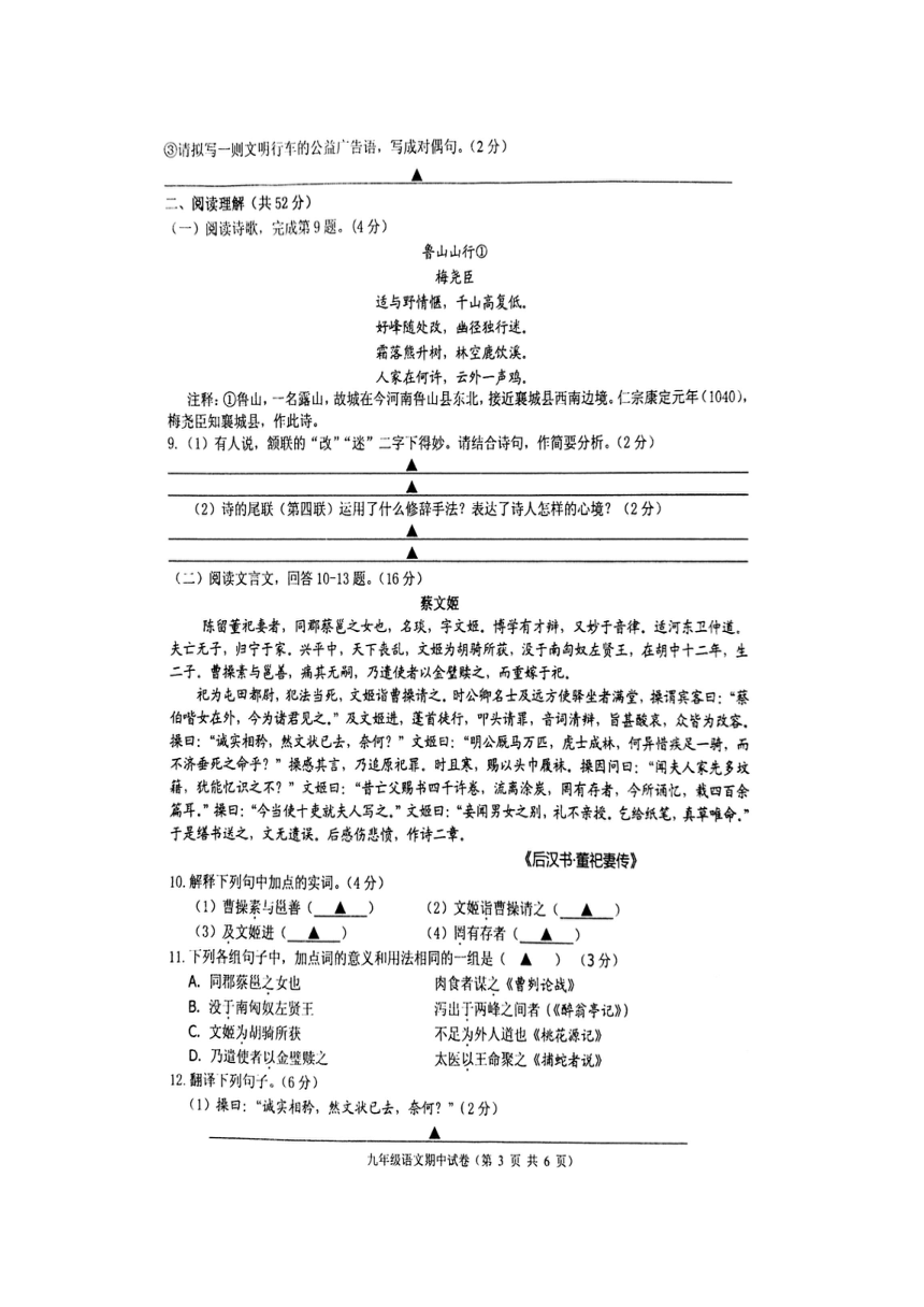 2016--2017学年度第一学期江苏宝应县九年级语文期末试卷