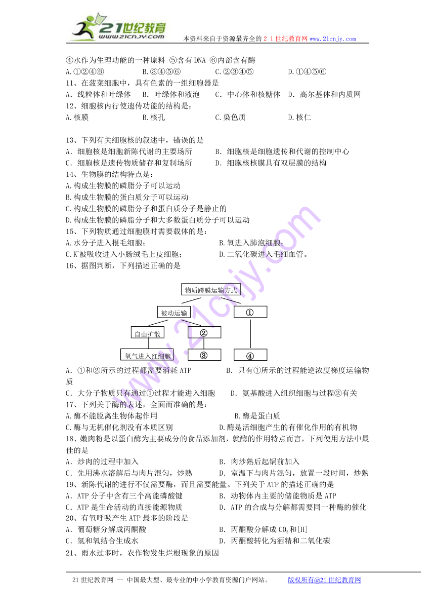 江苏省邳州市明德实验学校2013-2014学年度第一学期高一模拟考试生物试题（无答案）