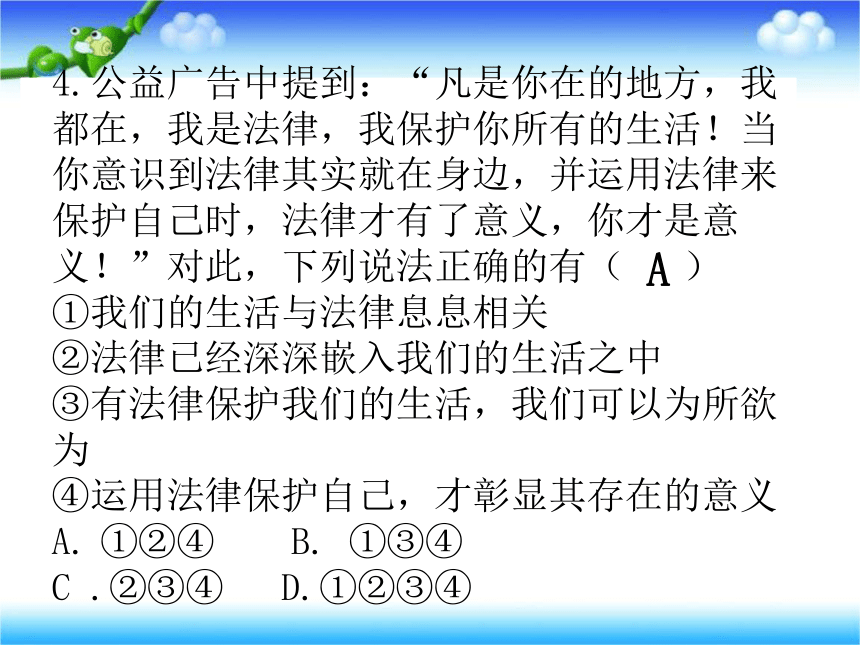 人教版《道德与法治》七年级下册：第九课 法律在我们身边 习题课件(共28张PPT)