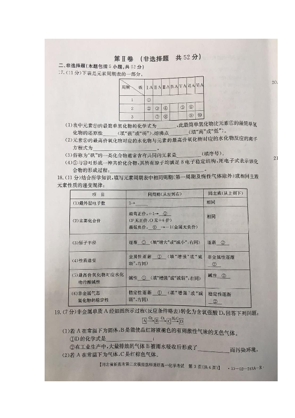河北省新高考2018-2019学年高一下学期第二次模拟分科选科调研化学试题 扫描版