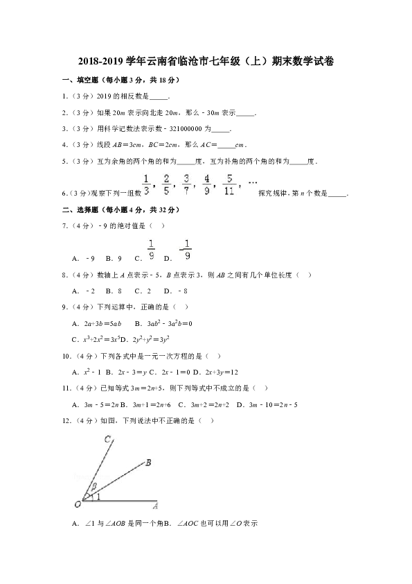 2018-2019学年云南省临沧市七年级（上）期末数学试卷（解析版）