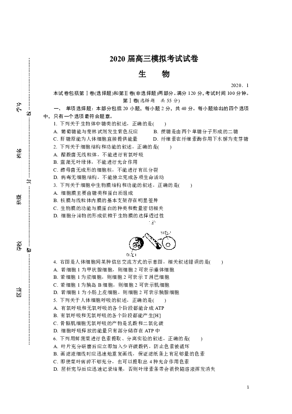 江苏省无锡市2020届高三上学期期末考试生物试题