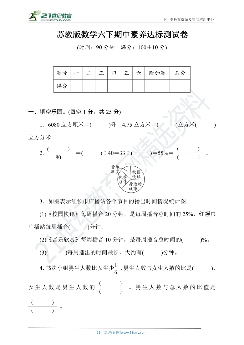 苏教版数学六年级下册期中素养达标检测卷（含答案）