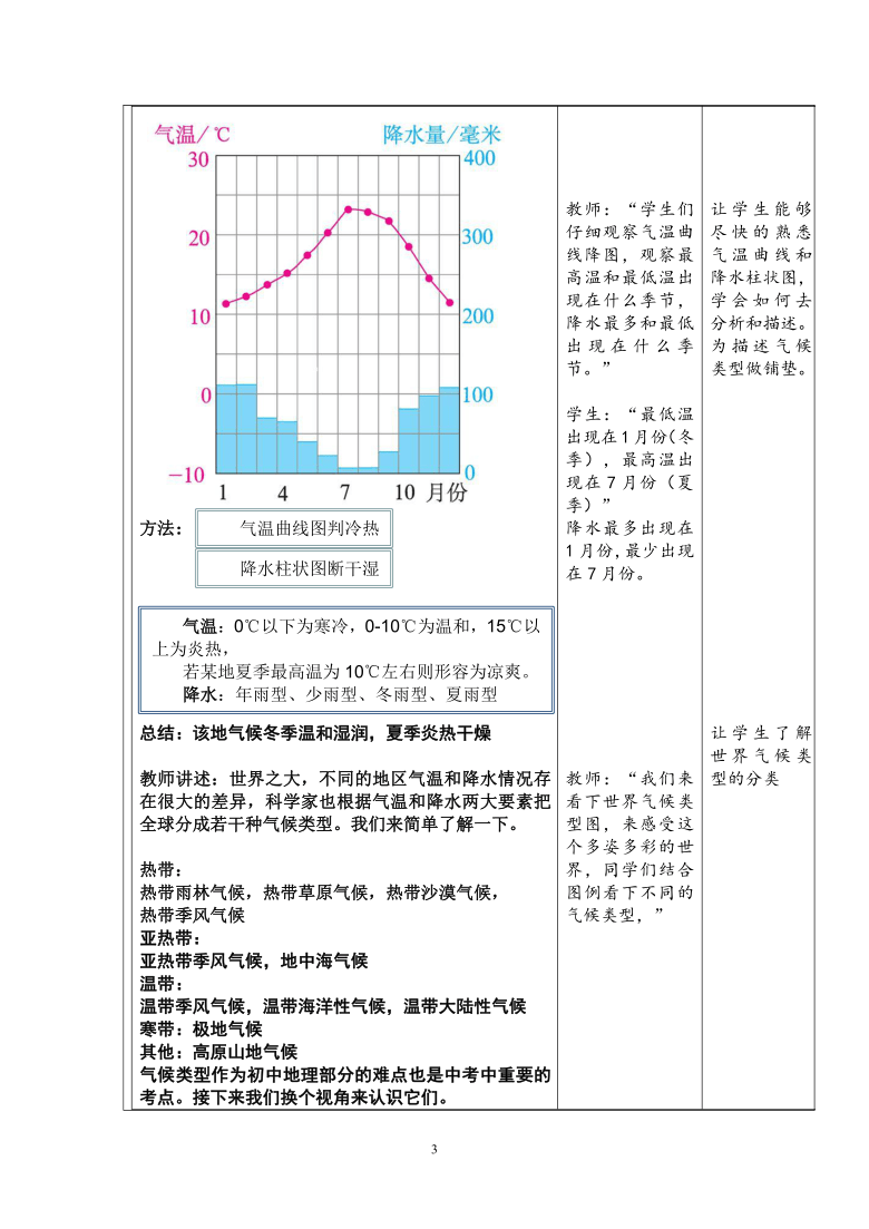 科普版七上地理 3.3主要气候类型 教案（表格式）