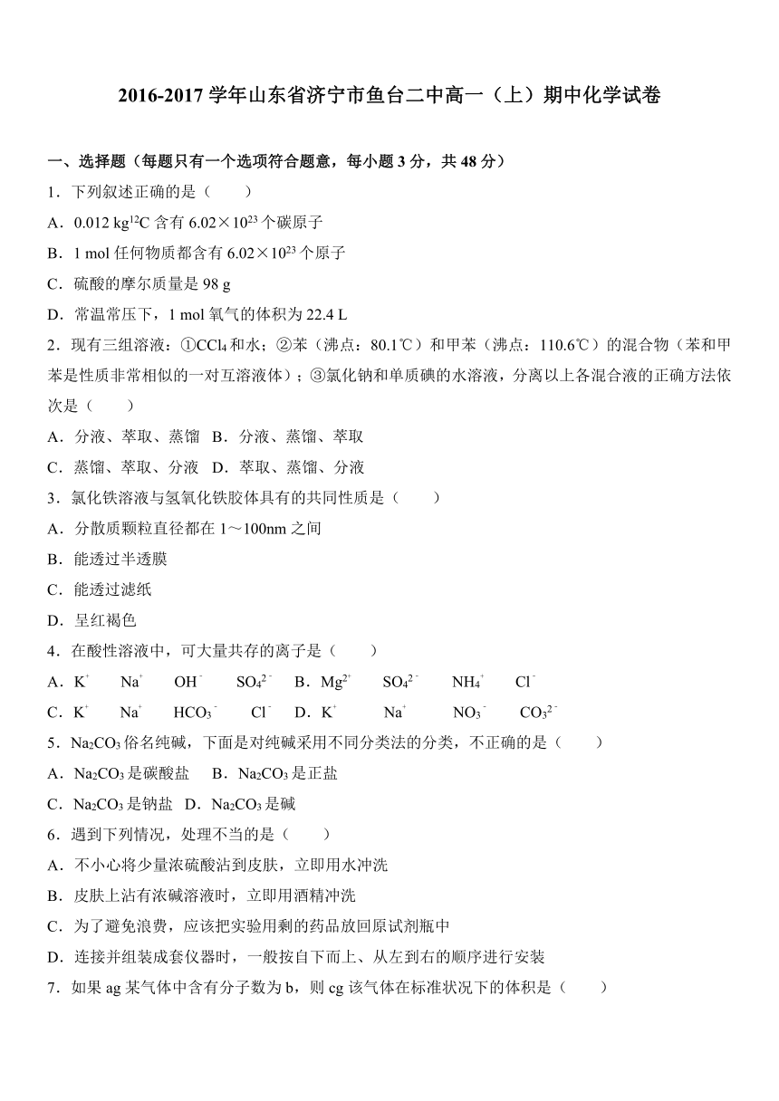 山东省济宁市鱼台二中2016-2017学年高一（上）期中化学试卷（解析版）