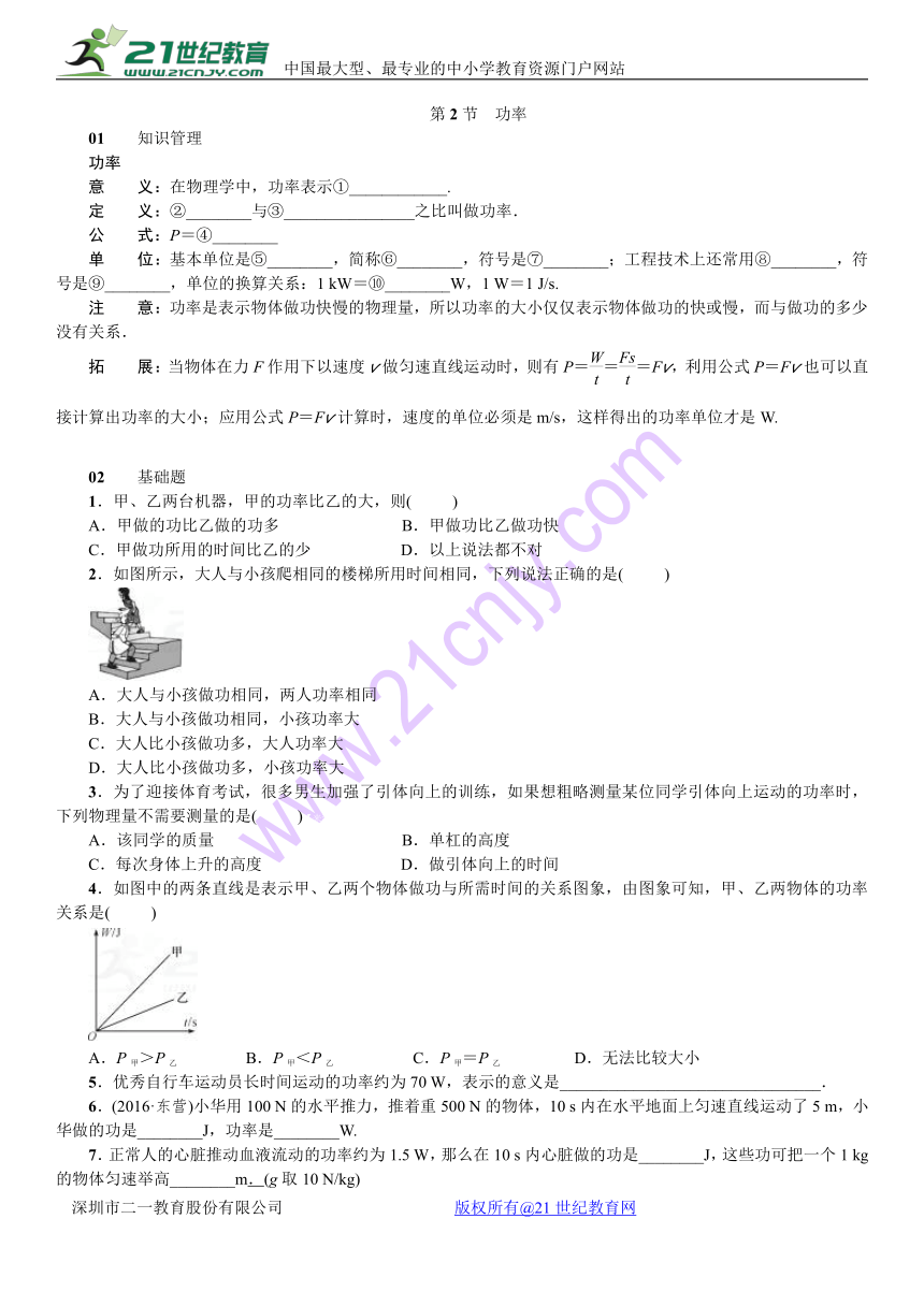 人教版物理八年级下册11.2  功率　课时精练