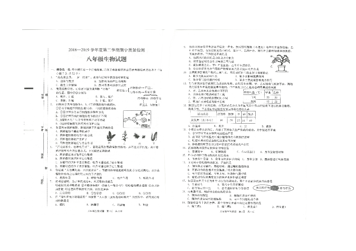 山东省枣庄市2018-2019学年度第二学期期中质量检测八年级生物试题（图片版含答案）